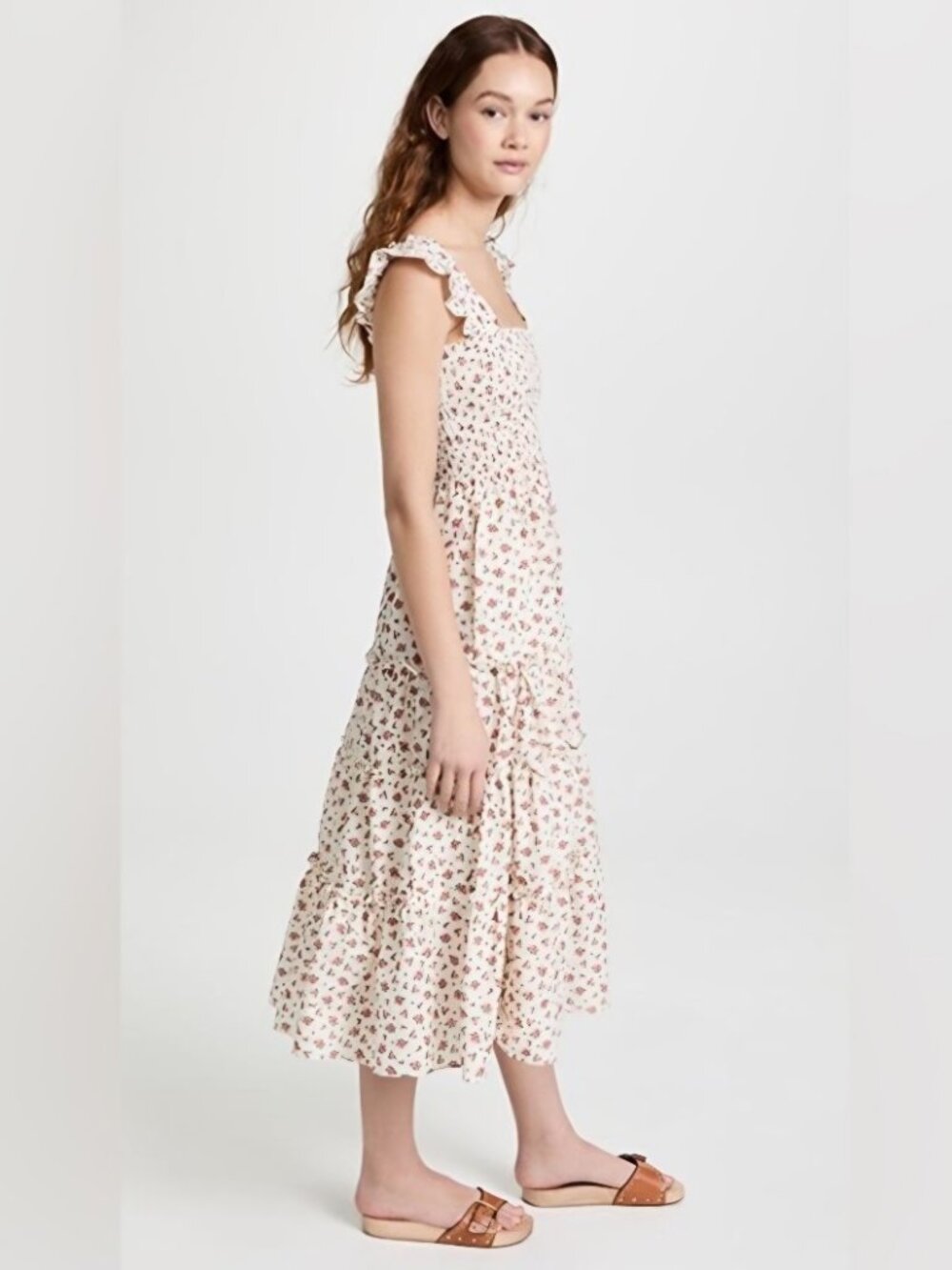 O.P.T. Smocked Floral Midi Dress Pink Ditzy Print Tiered Dress Pockets Size L - Picture 9 of 9